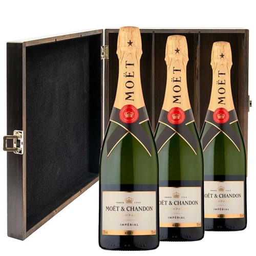 Moet And Chandon Brut Champagne 75cl Treble Elm Wood Gift Boxed Champagne (3x75cl)